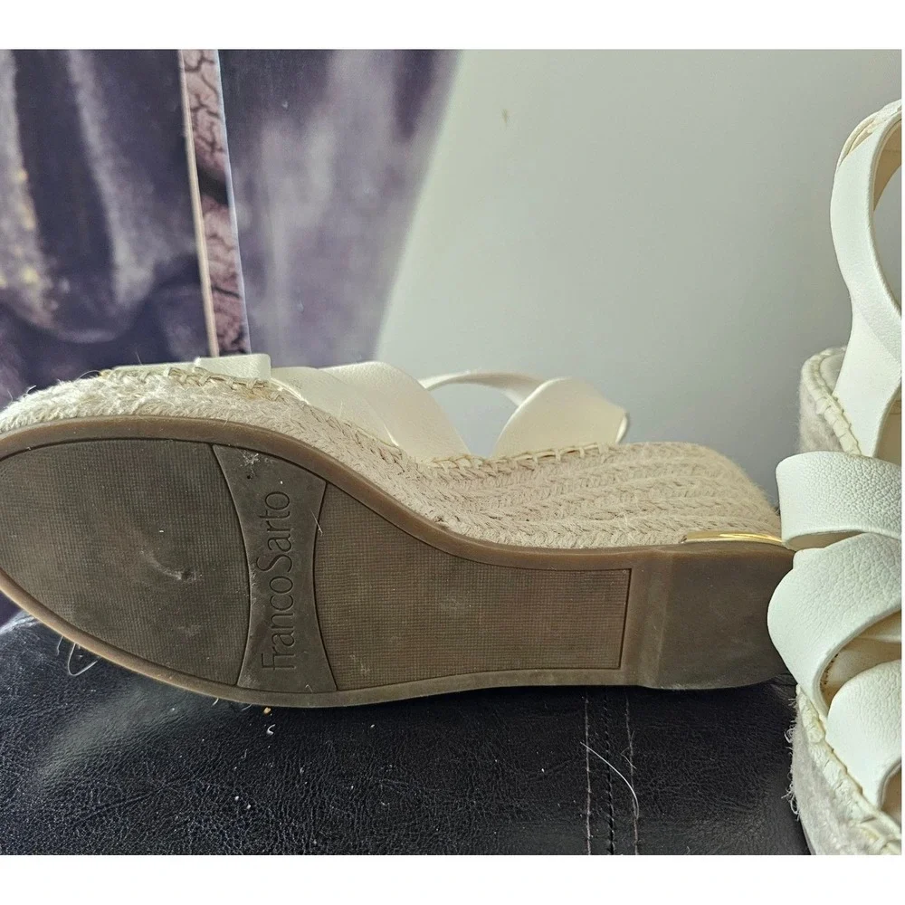 Franco Sarto Womens Cream Leather Espadrille Wedge Sandals Ankle Strap Platform